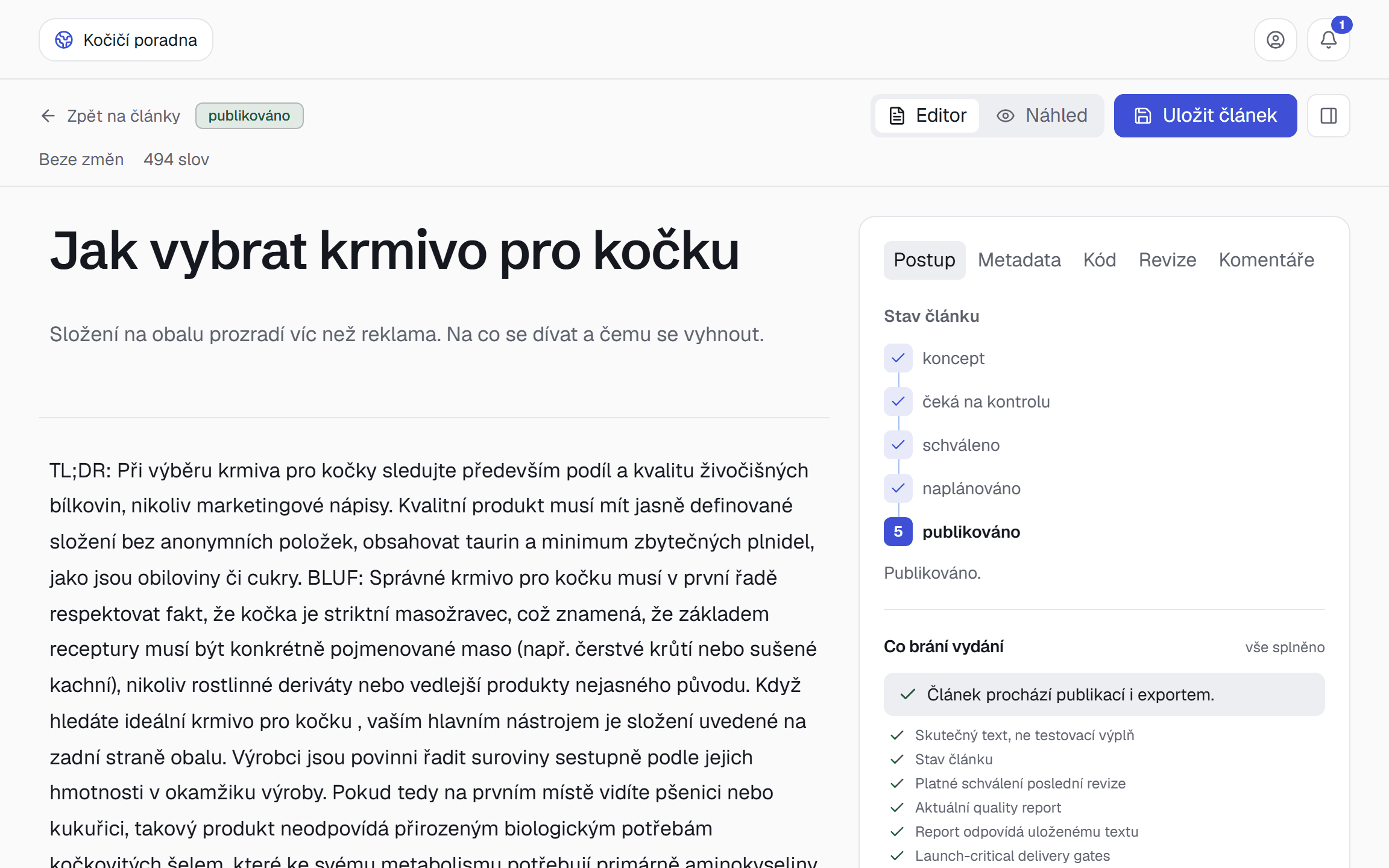 Detail článku s postupem stavů a seznamem kontrol, které rozhodují o vydání